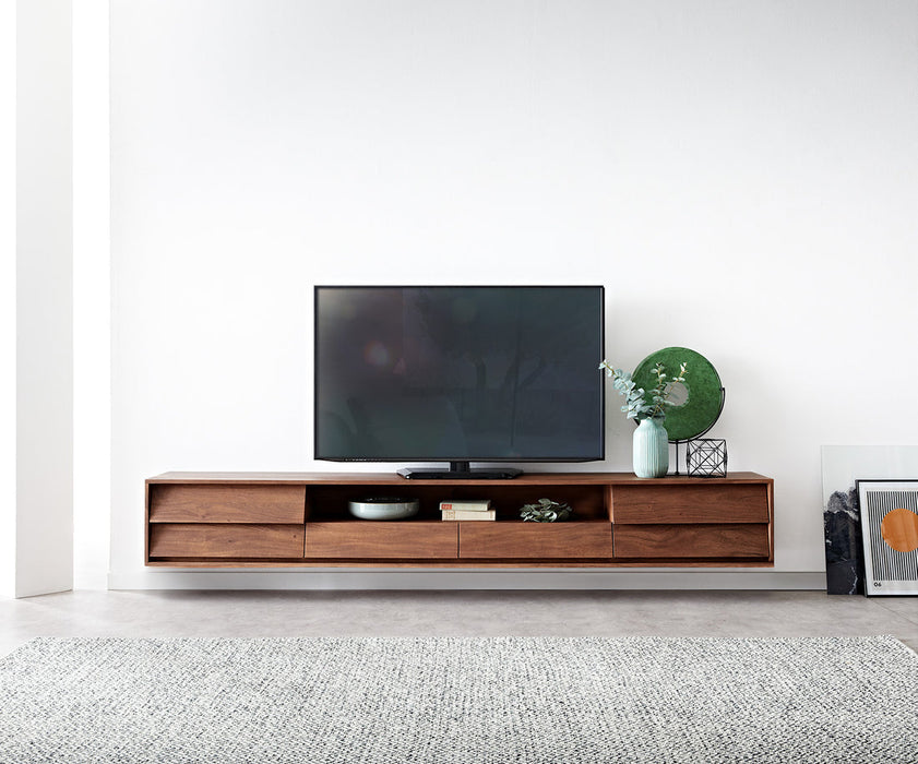 Floating TV Stand Eloi 240cm Acacia Wood Brown 2 Drawers 2 Flap Doors 1 Compartment