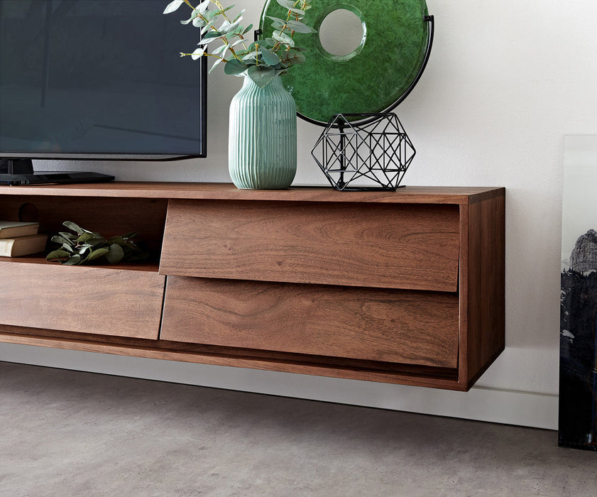 Floating TV Stand Eloi 240cm Acacia Wood Brown 2 Drawers 2 Flap Doors 1 Compartment