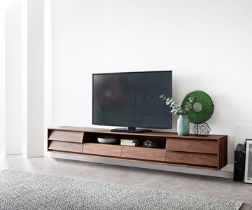 Floating TV Stand Eloi 240cm Acacia Wood Brown 2 Drawers 2 Flap Doors 1 Compartment