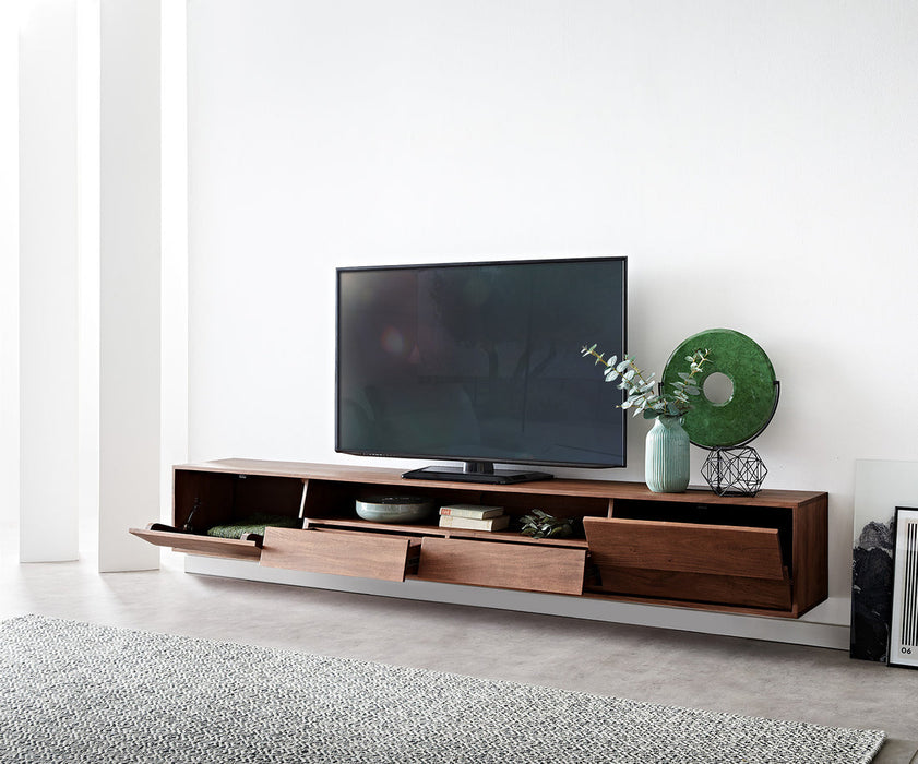 Floating TV Stand Eloi 240cm Acacia Wood Brown 2 Drawers 2 Flap Doors 1 Compartment