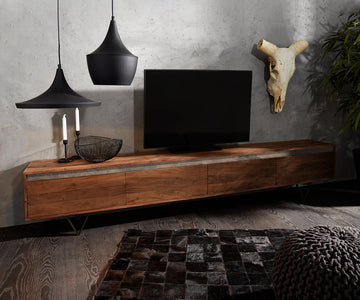 TV Stand Stonegrace Straight-Edge 240cm 4 Doors Acacia Wood Brown Slate V-Feet Black