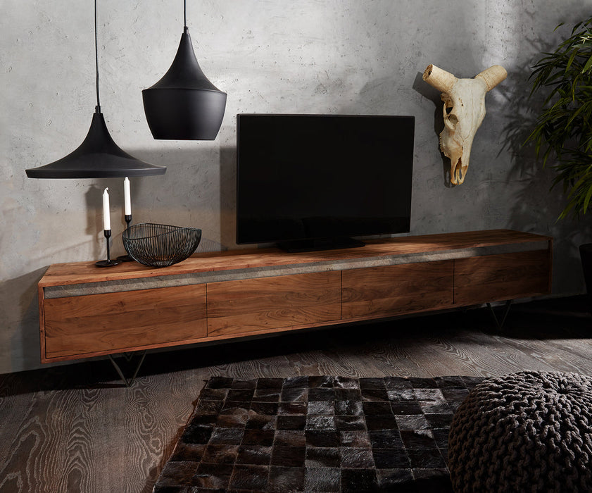 TV Stand Stonegrace Straight-Edge 240cm 4 Doors Acacia Wood Brown Slate V-Feet Black