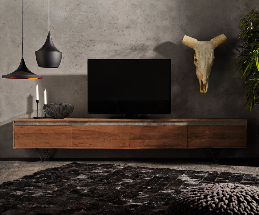 TV Stand Stonegrace Straight-Edge 240cm 4 Doors Acacia Wood Brown Slate V-Feet Black