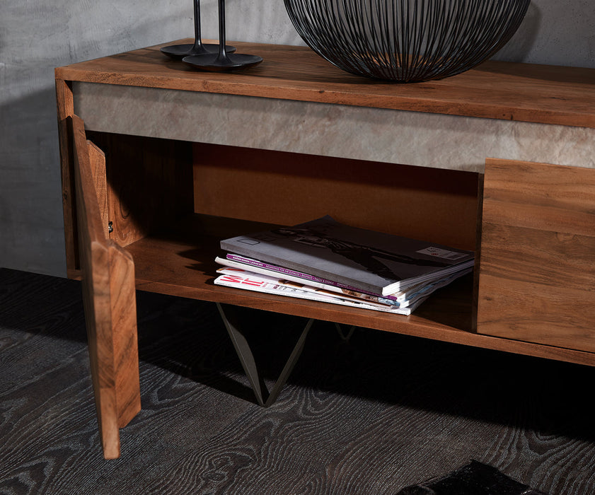 TV Stand Stonegrace Straight-Edge 240cm 4 Doors Acacia Wood Brown Slate V-Feet Black
