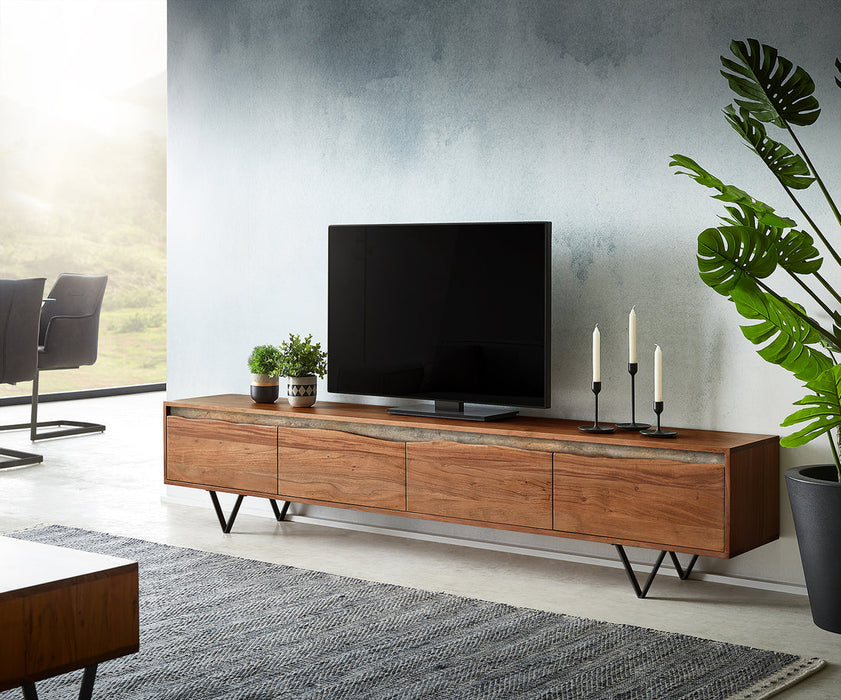 TV Stand Stonegrace Live-Edge 220cm Acacia Wood Brown 4 Doors Stone Veneer V-Feet Metal Black