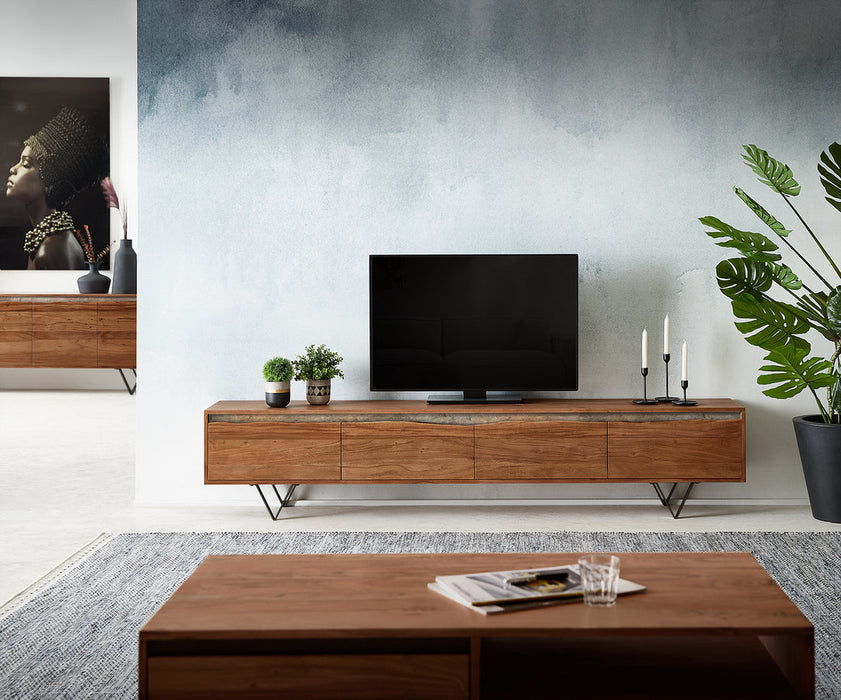 TV Stand Stonegrace Live-Edge 220cm Acacia Wood Brown 4 Doors Stone Veneer V-Feet Metal Black