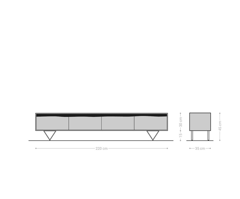 TV Stand Stonegrace Live-Edge 220cm Acacia Wood Brown 4 Doors Stone Veneer V-Feet Metal Black