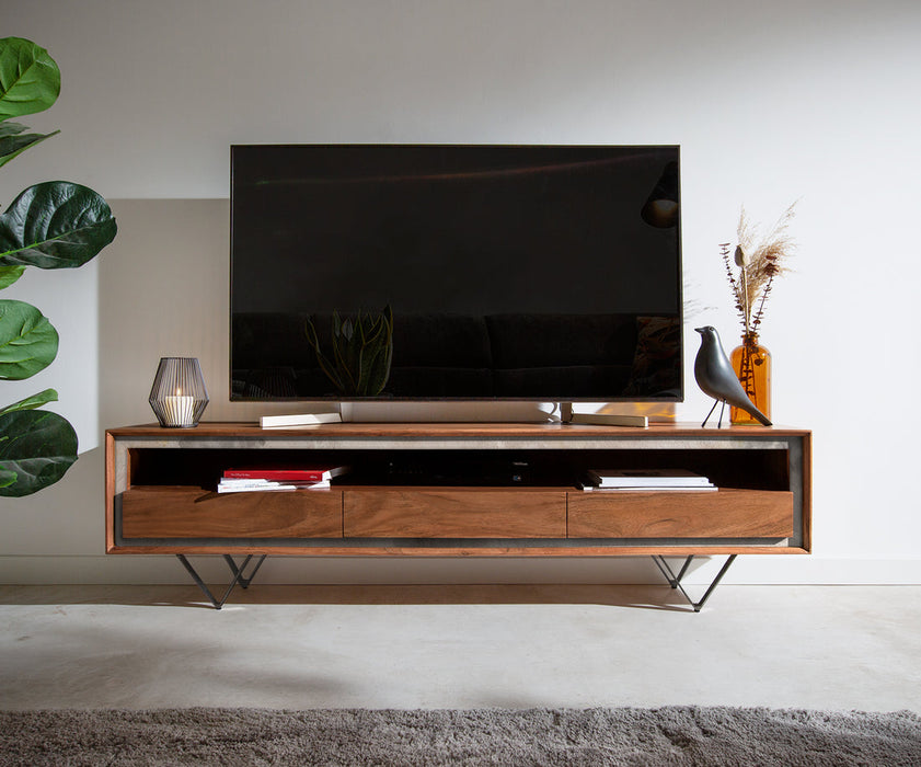 TV Stand Stonegrace Classic 175cm Acacia Wood Brown Stone Veneer V-Feet Black