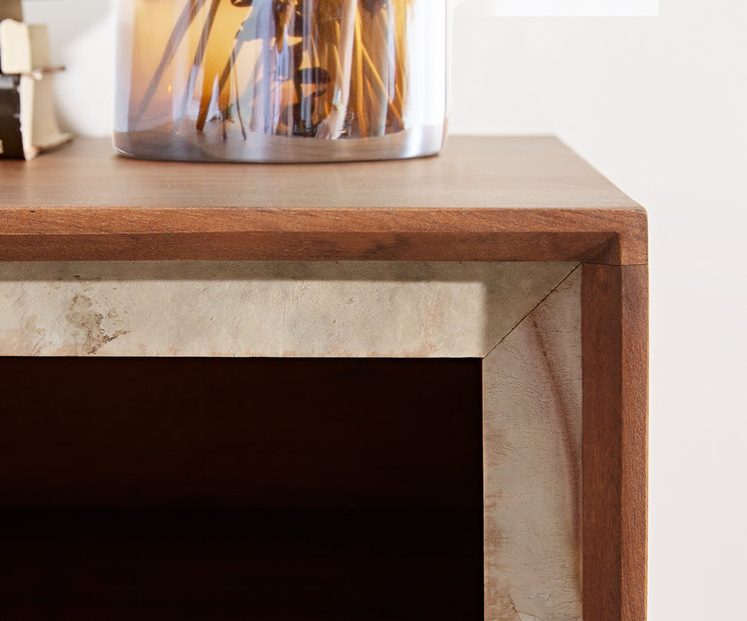 TV Stand Stonegrace Classic 240cm Acacia Wood Brown Stone Veneer V-Feet Black 2 Doors