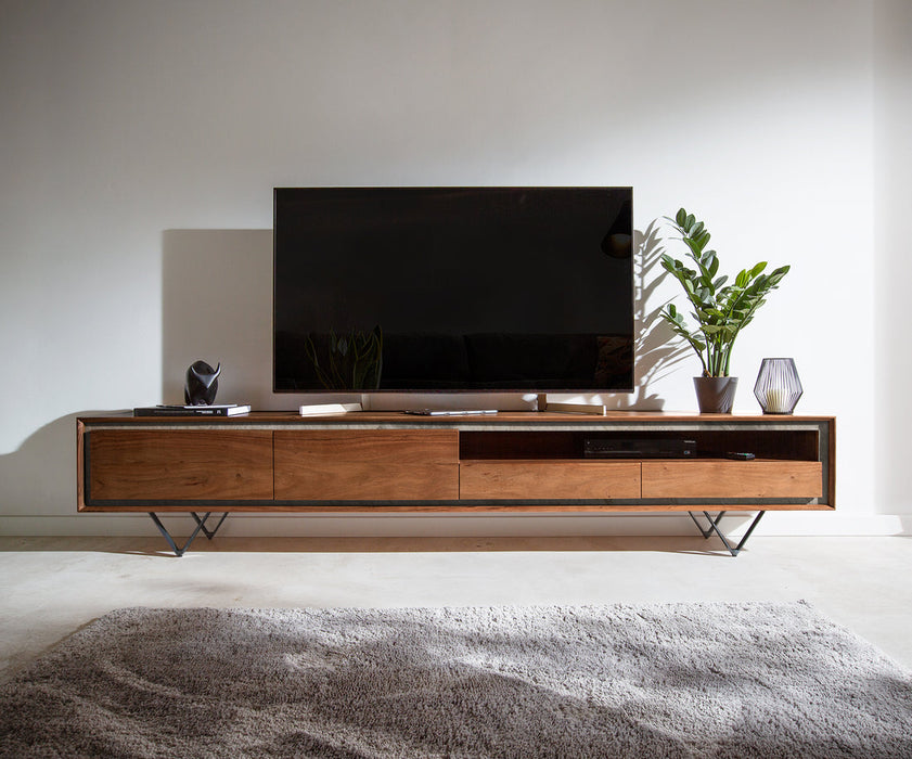 TV Stand Stonegrace Classic 240cm Acacia Wood Brown Stone Veneer V-Feet Black 2 Doors