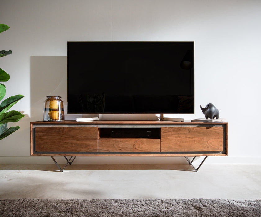 TV Stand Stonegrace Classic 175cm Acacia Wood Brown Stone Veneer V-Feet Black 2 Doors 1 Compartment