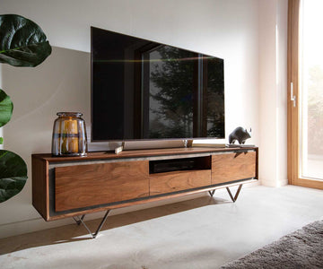 TV Stand Stonegrace Classic 175cm Acacia Wood Brown Stone Veneer V-Feet Black 2 Doors 1 Compartment