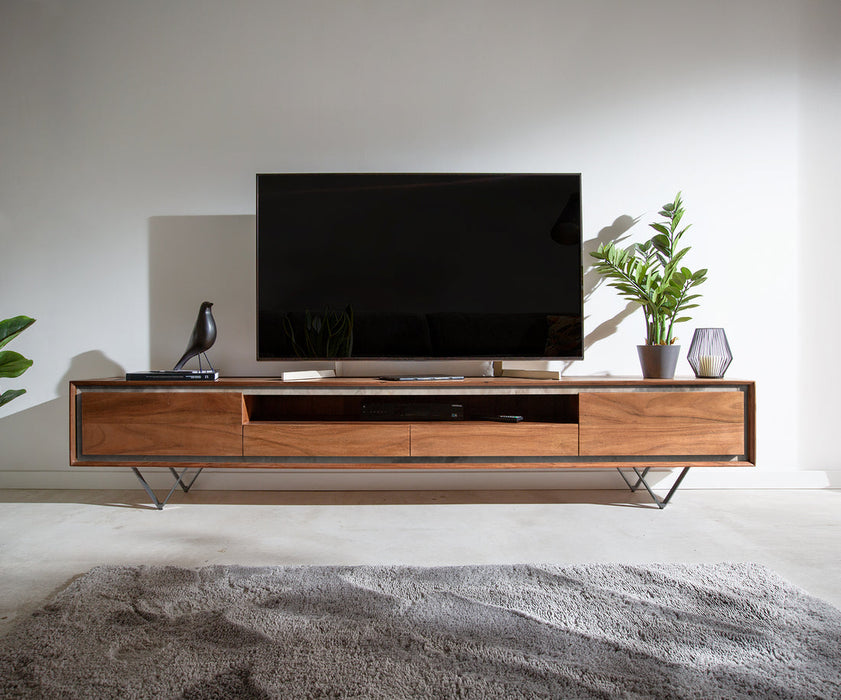 TV Stand Stonegrace Classic 240cm 2 Doors Center Compartment Acacia Wood Brown Stone Veneer V-Feet Black