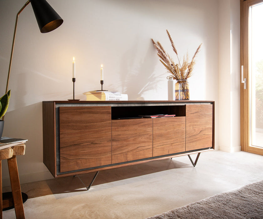 Sideboard Stonegrace Classic 175cm 4 Doors Acacia Wood Brown Stone Veneer V-Feet Black