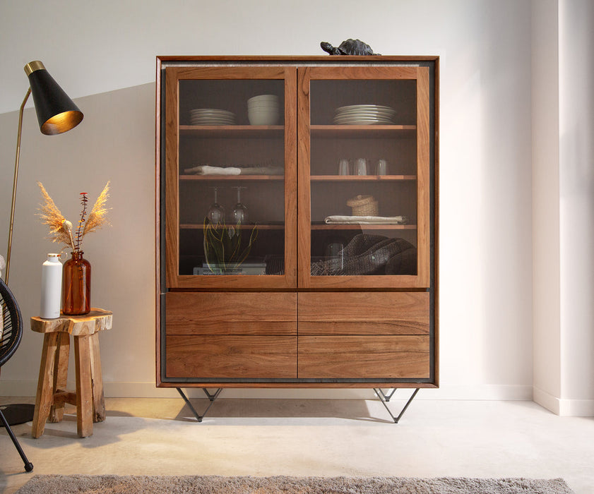 Display Cabinet Stonegrace Classic 120x150cm Acacia Wood Brown Stone Veneer V-Feet Black