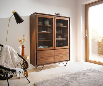Display Cabinet Stonegrace Classic 120x150cm Acacia Wood Brown Stone Veneer V-Feet Black