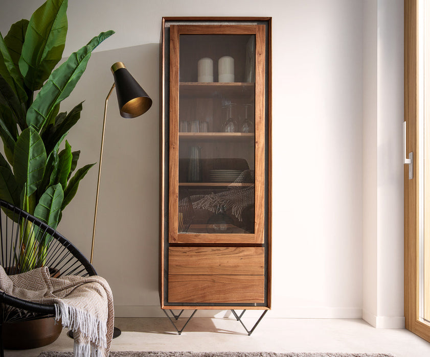 Display Cabinet Stonegrace Classic 55x180cm Acacia Wood Brown Stone Veneer V-Feet Black