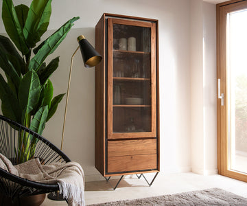 Display Cabinet Stonegrace Classic 55x180cm Acacia Wood Brown Stone Veneer V-Feet Black