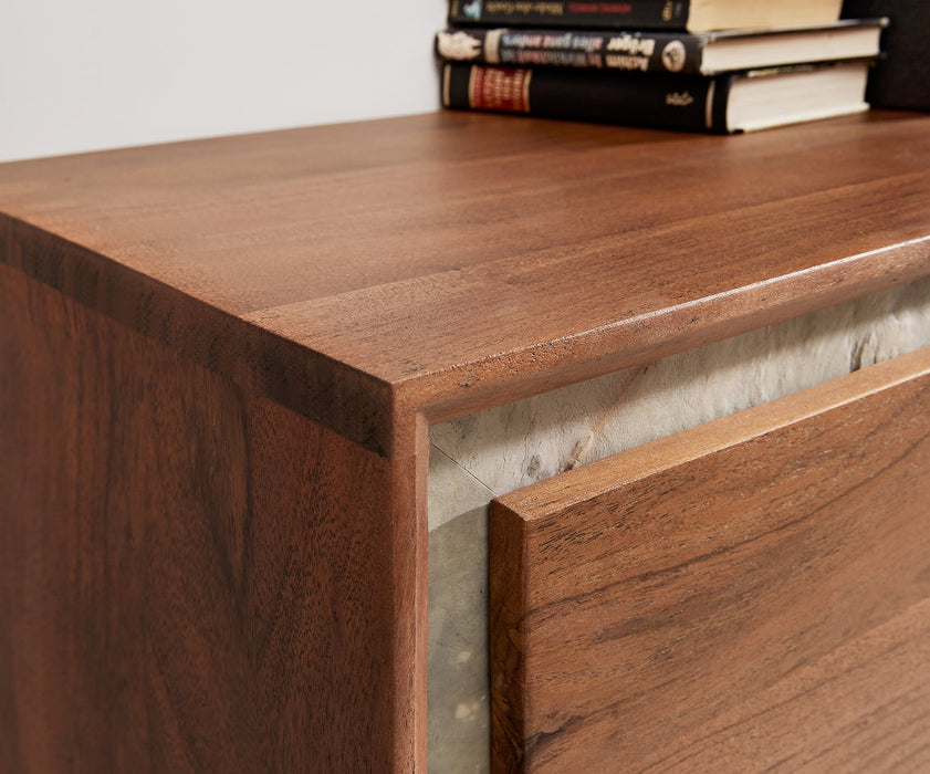 TV Stand Stonegrace Classic 200cm 4 Doors Acacia Wood Brown Stone Veneer V-Feet Black