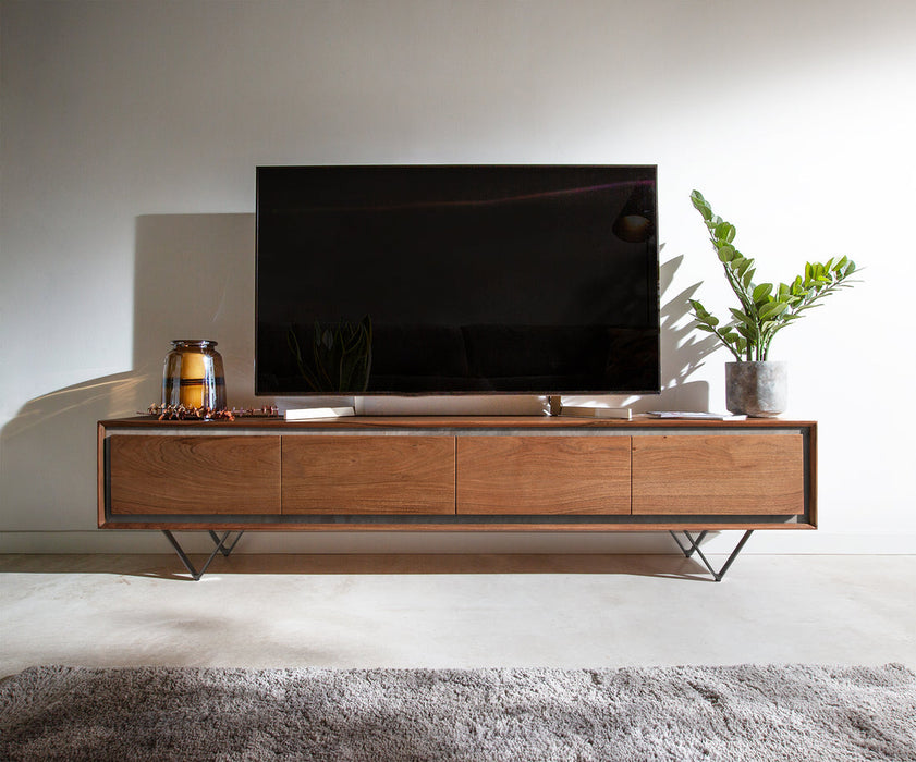 TV Stand Stonegrace Classic 200cm 4 Doors Acacia Wood Brown Stone Veneer V-Feet Black