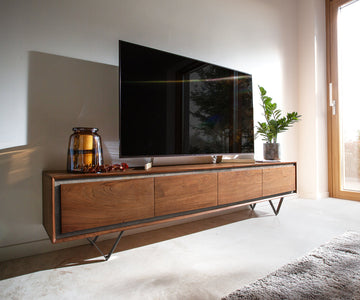TV Stand Stonegrace Classic 200cm 4 Doors Acacia Wood Brown Stone Veneer V-Feet Black