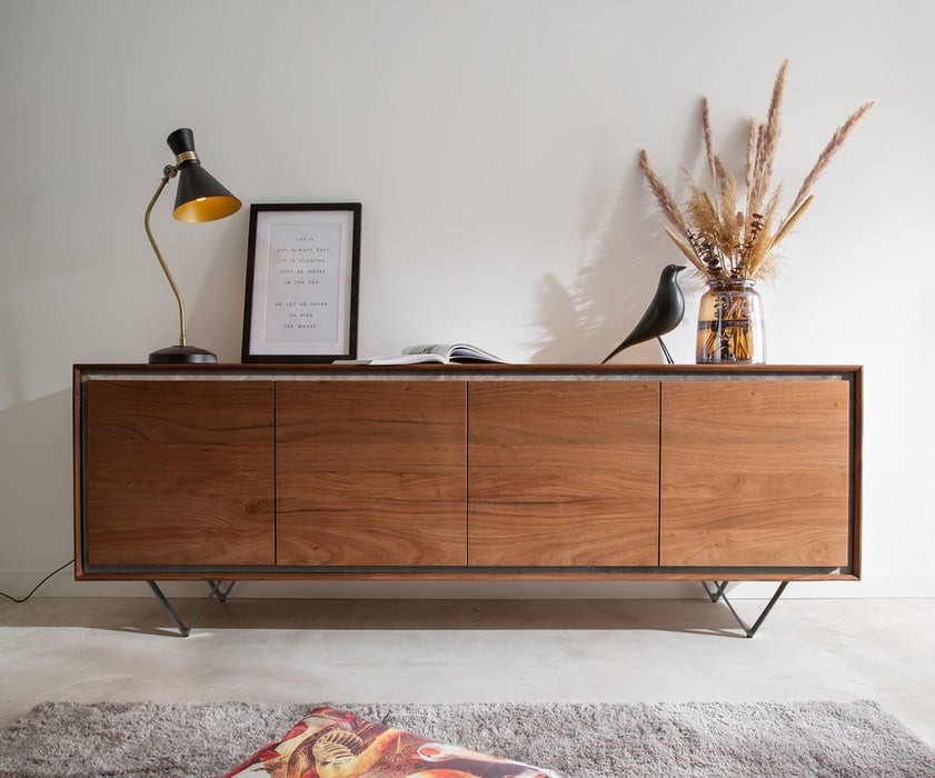 Sideboard Stonegrace Classic 200cm 4 Doors Acacia Wood Brown Stone Veneer V-Feet Black