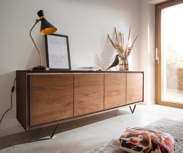 Sideboard Stonegrace Classic 200cm 4 Doors Acacia Wood Brown Stone Veneer V-Feet Black