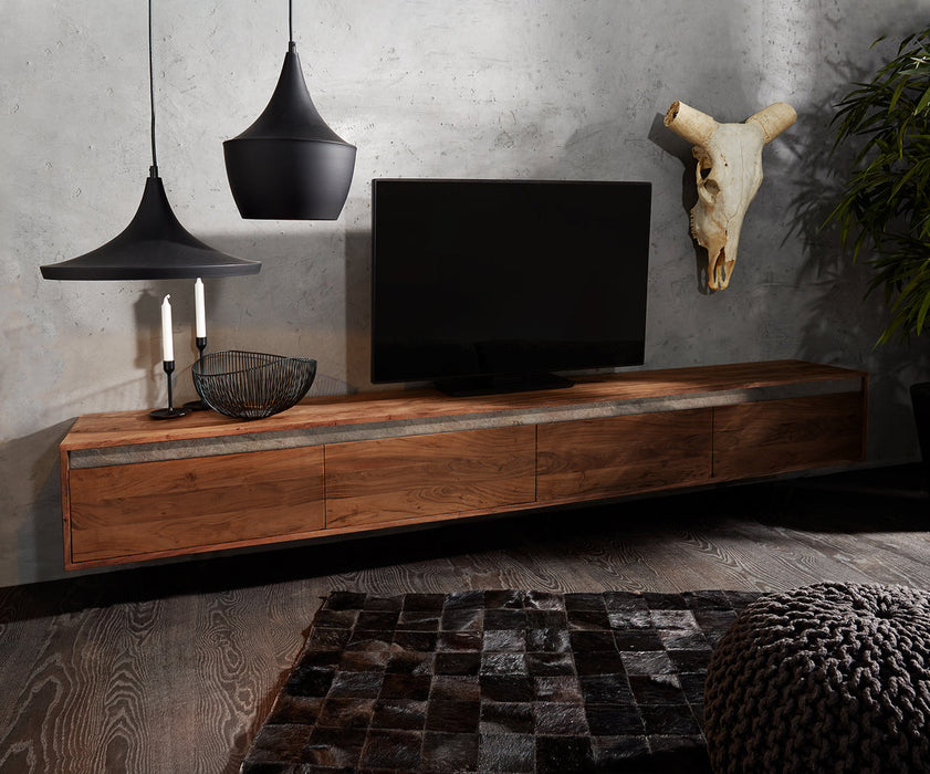 Floating TV Stand Stonegrace Straight-Edge 240cm 4 Doors Acacia Wood Brown Slate