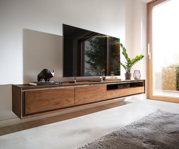 Floating TV Stand Stonegrace Classic 240cm Acacia Wood Brown Stone Veneer 2 Doors 1 Compartment