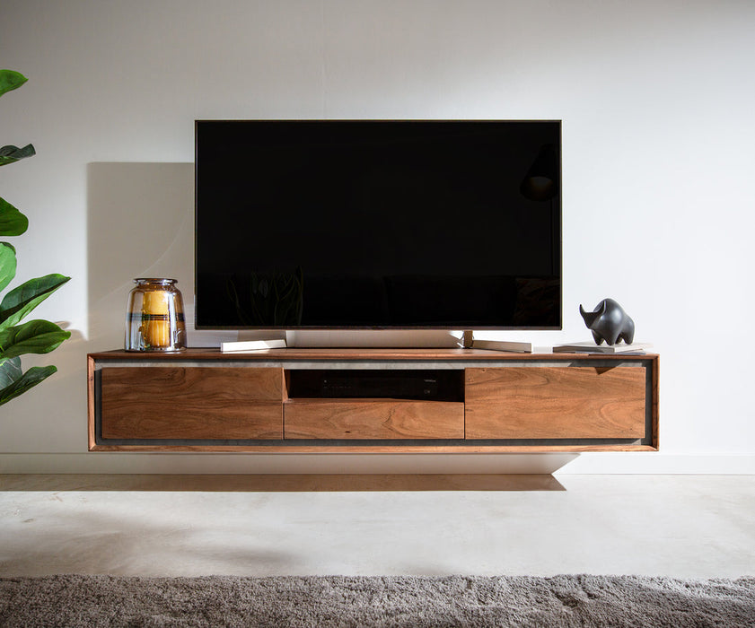Floating TV Stand Stonegrace Classic 175cm Acacia Wood Brown Stone Veneer 2 Doors 1 Compartment