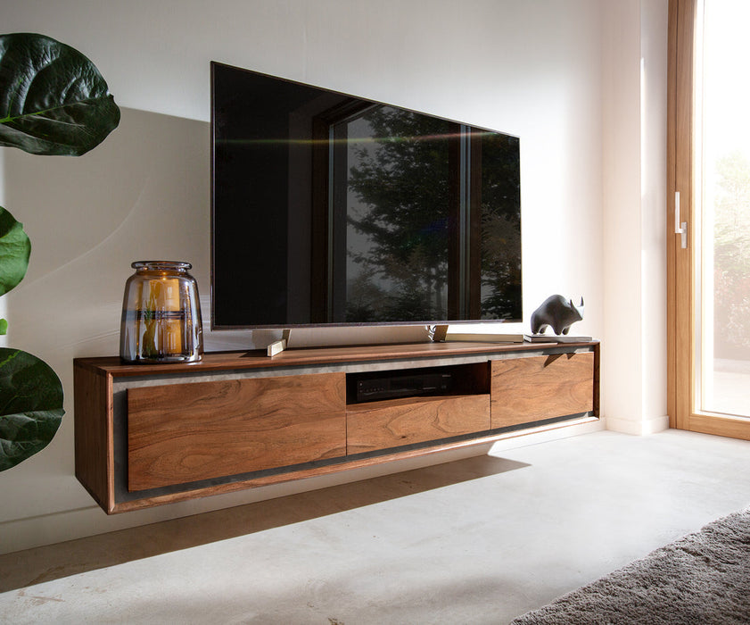 Floating TV Stand Stonegrace Classic 175cm Acacia Wood Brown Stone Veneer 2 Doors 1 Compartment