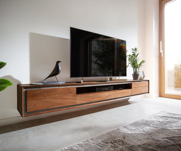 Floating TV Stand Stonegrace Classic 240cm 2 Doors Center Compartment Acacia Wood Brown Stone Veneer