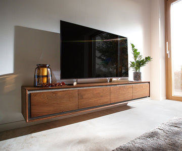 Floating TV Stand Stonegrace Classic 200cm 4 Doors Acacia Wood Brown Stone Veneer