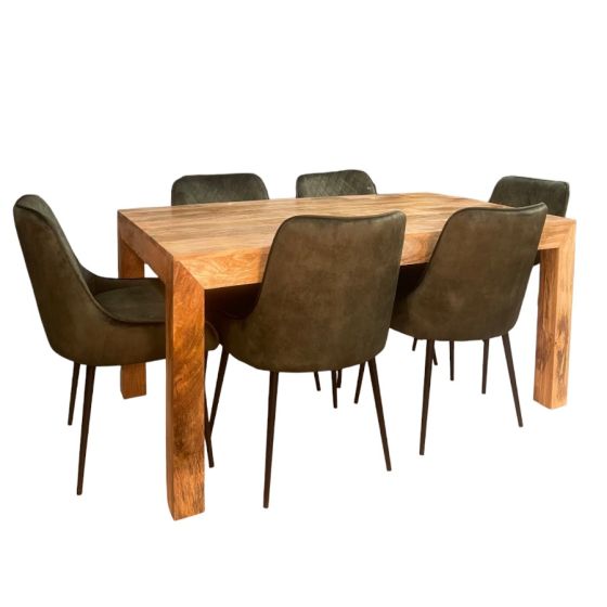Acre & Artisan Light Solid Wood 160Cm Dining Table 6 Henley Velvet Dining Chairs