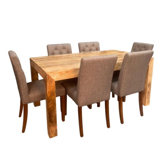Acre & Artisan Light Solid Wood 160Cm Dining Table 6 Milan Button Fabric Dining Chairs