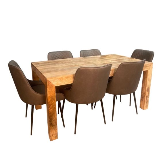 Acre & Artisan Light Mango Wood 160Cm Dining Table 6 Henley Faux Leather Dining Chairs