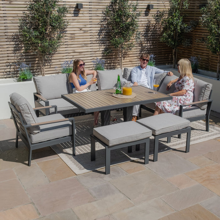 Vancouver Large Aluminium Corner Dining Set with Rectangular Rising Table, 2 Stools & Armchair - Dove Grey