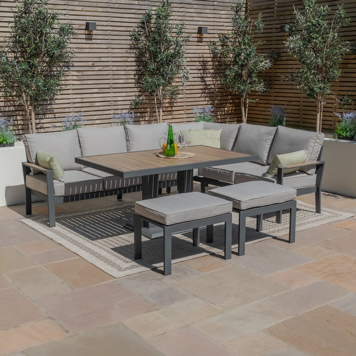 Vancouver Large Aluminium Corner Dining Set with Rectangular Rising Table & 2 Stools - Dove Grey
