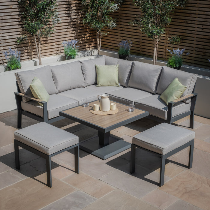 Vancouver Small Aluminium Sofa Dining Set with Square Rising Table & 2 Stools - Dove Grey