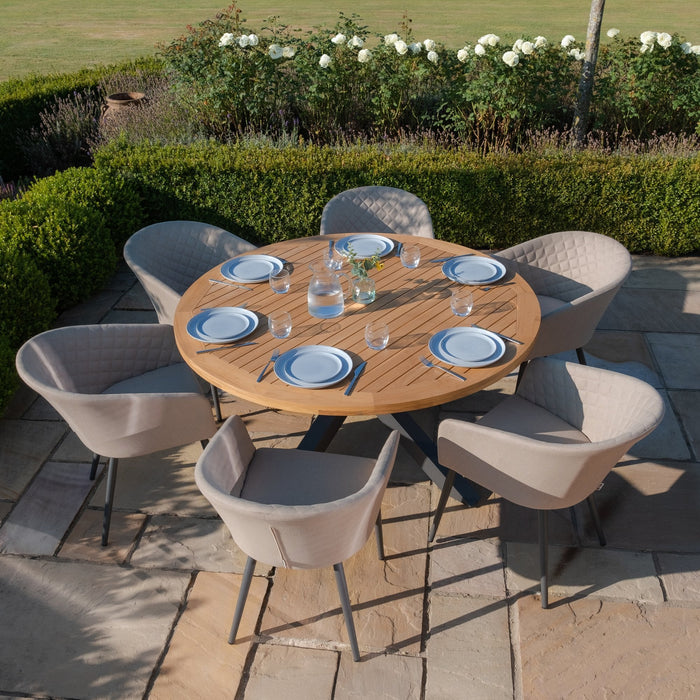 Jakarta Teak Round Dining Table with 6 Ambition Oatmeal Dining Chairs