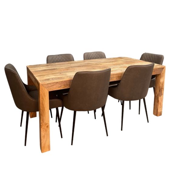 Acre & Artisan Light Mango Wood 180Cm Dining Table 6 Henley Faux Leather Dining Chairs