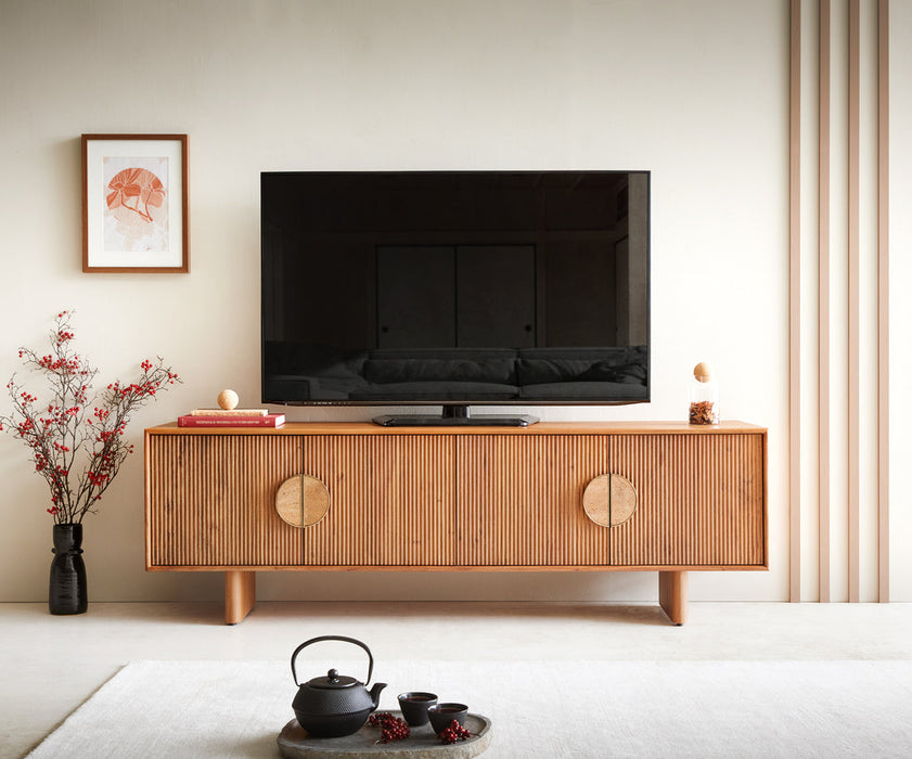 TV Stand Surimu 175cm Acacia Wood Light Brown 4 Doors Cork Handle