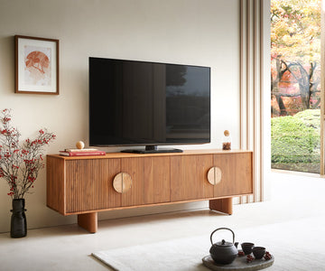 TV Stand Surimu 175cm Acacia Wood Light Brown 4 Doors Cork Handle