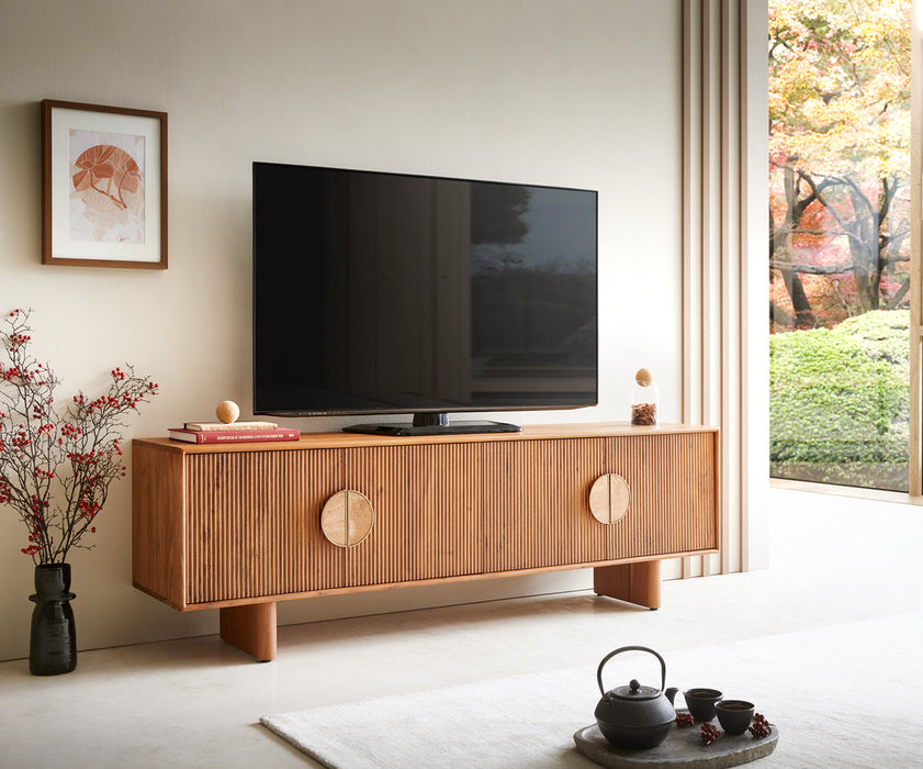TV Stand Surimu 175cm Acacia Wood Light Brown 4 Doors Cork Handle
