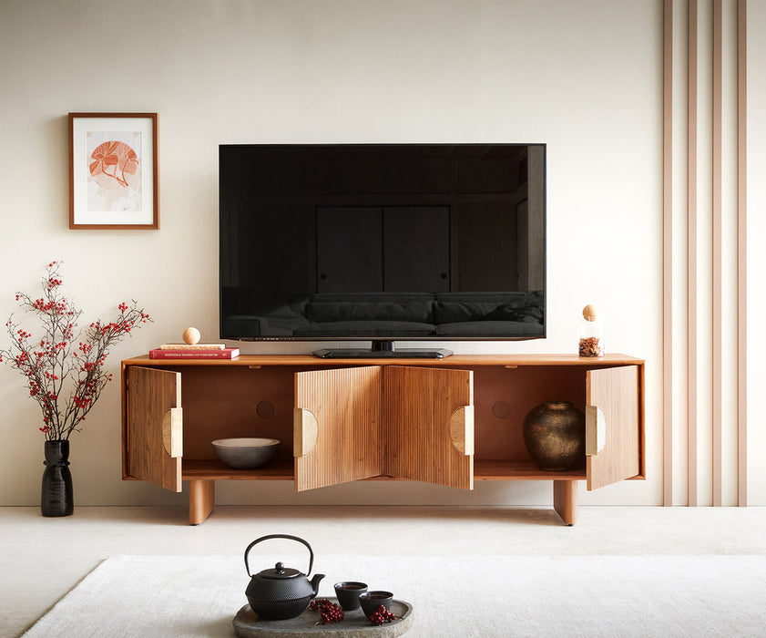 TV Stand Surimu 175cm Acacia Wood Light Brown 4 Doors Cork Handle