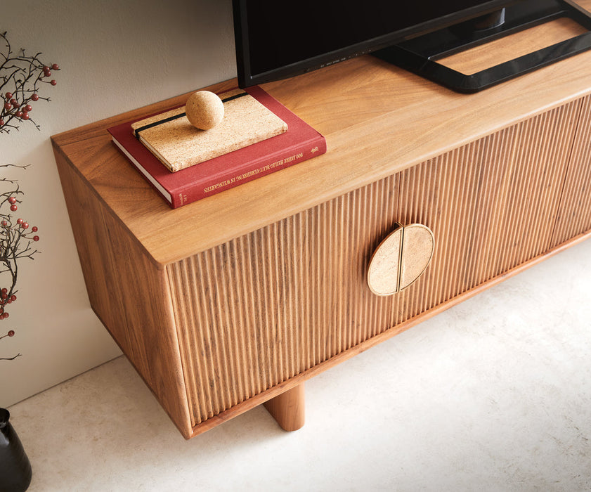 TV Stand Surimu 175cm Acacia Wood Light Brown 4 Doors Cork Handle
