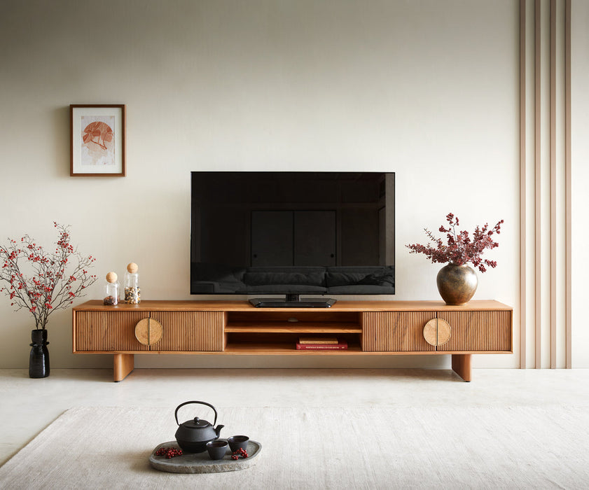 TV Stand Surimu 240cm Acacia Wood Light Brown 4 Doors 2 Compartments Cork Handle