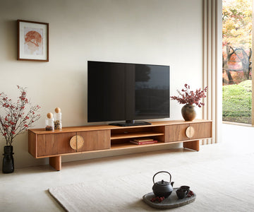 TV Stand Surimu 240cm Acacia Wood Light Brown 4 Doors 2 Compartments Cork Handle