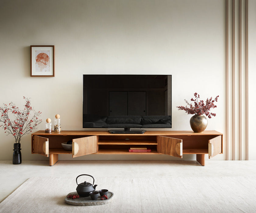 TV Stand Surimu 240cm Acacia Wood Light Brown 4 Doors 2 Compartments Cork Handle