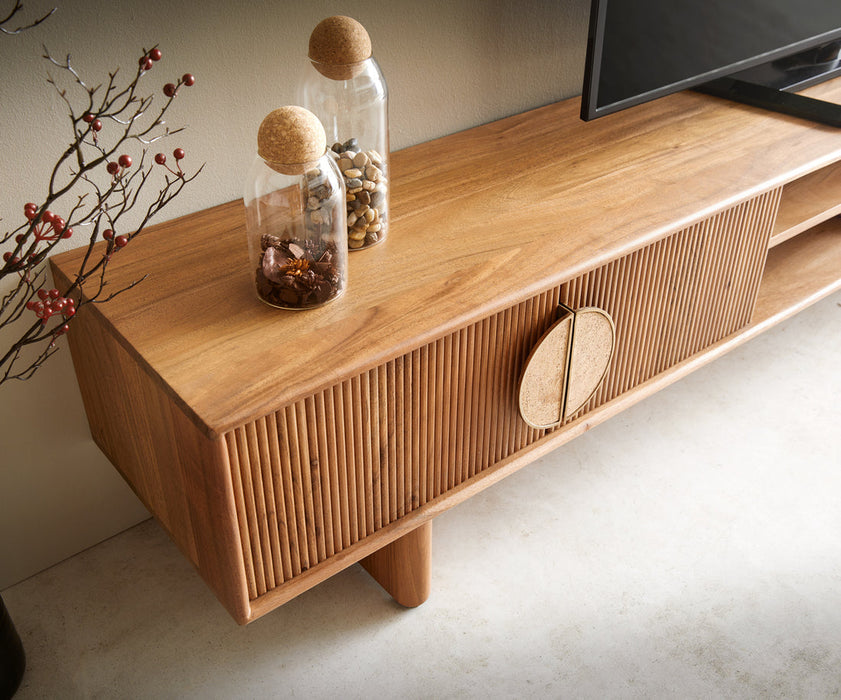 TV Stand Surimu 240cm Acacia Wood Light Brown 4 Doors 2 Compartments Cork Handle